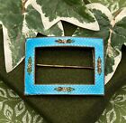 Vtg Art Nouveau Frame Brooch Pin Guilloche Enamel on Metal Turquoise w Flowers