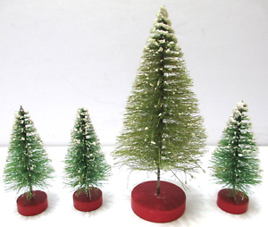 Vintage Wire Bottle Brush Christmas Trees Flocked Red Wood Bases LOT OF 4