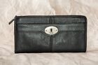 Fossil Maddox Zip Around Women's Genuine Black Leather Wallet, pre-owned