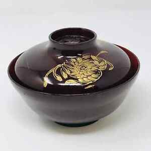 Japanese Lacquerware Lidded Bowl Red Gold Floral Design Soup