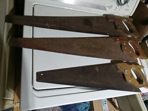 Lot of 3 antique vintage hand saws with fancy nibs on top edge