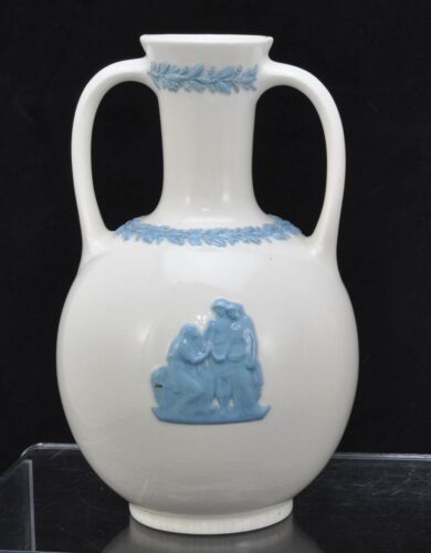 New ListingVintage Wedgwood Blue Queensware Embossed Two Handled Vase