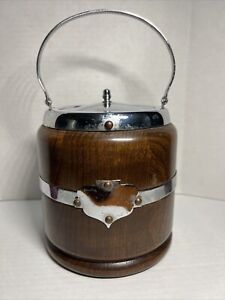 Antique Wooden Oak Ice Bucket or Biscuit Barrel Handle & Porcelain Insert & Lid
