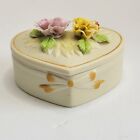Vintage Heart Shaped Porcelain Trinket Box Applied Figural Flowers Hand Painted 