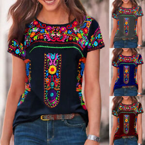 Womens Boho Floral T-Shirt Ladies Casual Loose Tunic Tops Short Sleeve Blouse US
