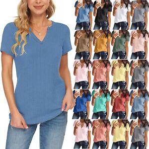 Womens Tunics Waffle Knit T-Shirt V-Neck Henley Shirts Short Sleeve Blouse Tops