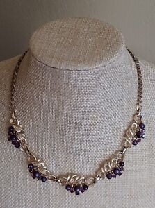 Vintage STAR Purple Rhinestone & Glass Beaded Bib Necklace 1950's 16