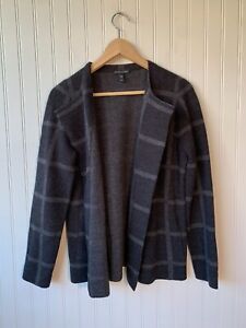 Eileen Fisher 100% Wool Cardigan Womens XS Extra Small Black Gray Windowpane