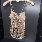 Bebe Silk Sequin Sparkle Knit Cami Top Gold Adjustable Straps Scoop Neck Size S
