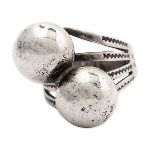 NATIVE AMERICAN FRED HARVEY ERA STERLING DOUBLE BALL & STAMPED BAND RING 5.5