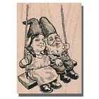 Wood Rubber Stamp, GNOMES ON SWING Garden Gnome Statue, Gnome Stamp, Elf Fantasy