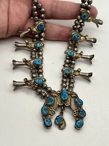 Sterling Squash Blossom Turquoise Necklace 12k GF Unique Two Tone 20” Double Row