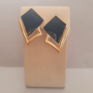 Vintage Monet Geometric Clip Earrings Black Enamel Gold Tone Art Deco Signed