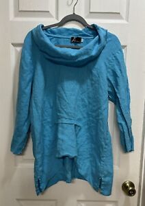 Fenini 100% Linen Cowl Neck Tunic Blue High Low Size Large Made in USA