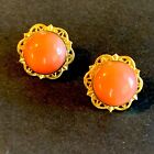 14K SOLID YELLOW GOLD NATURAL ROUND CORAL STUD EARRINGS Estate Vintage