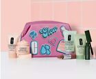 NEW CLINIQUE SKINCARE MAKEUP 7 PCS DELUXE SAMPLE GIFT SET WITH PINK GLOW BAG
