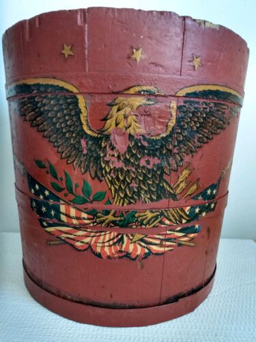 New ListingVintage USA Flag Primitive Country Wooden Eagle Bucket Pail Red