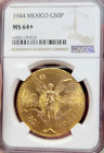 1944 Mexico 50 Pesos Gold Centenario, NGC Certified MS-64+, Semi-Key Date Coin