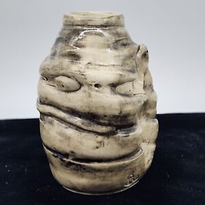 Hand Made Studio Pottery Brutalist Vase Abstract Face Gray White Signed Joni