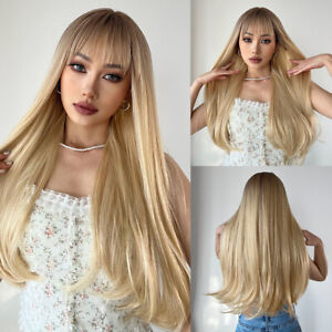 Long Straight Dark Roots Blonde Human Hair Blend Heat Ok Wigs Women Soft Natural