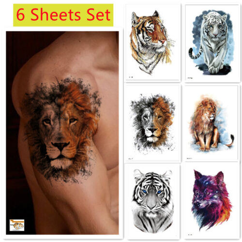 6 X Temporary Fake Tattoo Stickers Animal Tiger Wolf Waterproof Arm Body Art