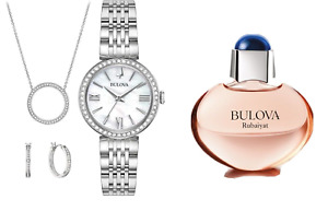 Bulova Women's Crystals Earrings Necklace Perfume Watch Set Silver 30mm 96X149