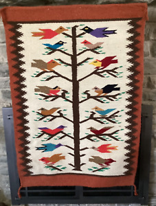MID-CENTURY HAND WOVEN WOOL TAPESTRY- BIRDS IN A TREE  NATIVE AMERICAN
