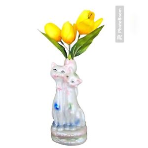 Vintage cat figurine tulip vase small vase iridescent kittens pearl shimmery