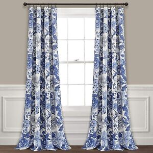 Set 2 Navy Blue White Floral Curtains Panels Drapes 84 95 108 inch L Darkening