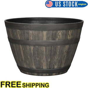 Brown Resin Whiskey Barrel Planter Flower Pot w/ Drainage Holes UV-Resistant NEW