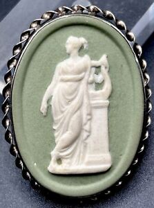 Vintage Lg Sterling Silver Green Jasperware Oval Brooch Cameo Greek Goddess
