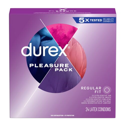 Durex Pleasure Pack, Lubricated Latex Condoms Regular Fit, 24 Ct EXP 8/25