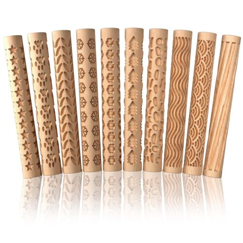 New Listing10 Pcs Clay Modeling Pattern Rollers, 5.9 Inches Wooden Handle Pottery Tools,