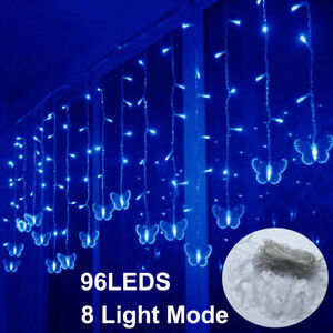 96 LED Hanging Butterfly Curtain Lights Outdoor Fairy Xmas String Wedding Lamp