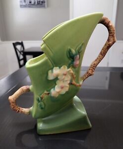 VTG Roseville Pottery USA Apple Blossom Green Twig Double Handle Vase 373-7 EUC
