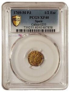 1769-M PJ Spain CAROLUS 3 XF-40 Gold Regular Strike 1/2 Escudo Coin WITH Calico.