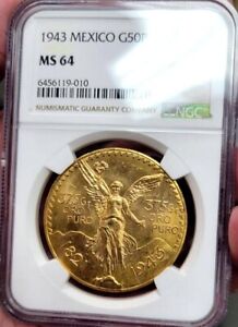 Mexico 1943 50 Pesos Gold Centenario, NGC Certified MS-64 Low Mint Key Date Coin