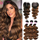 Brazilian Ombre Brown Body Wave 3 Bundles Human Hair Weaves with lace Closure US