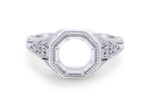 Vintage Filigree Semi Mount Setting Wedding Ring Solid 10K White Gold