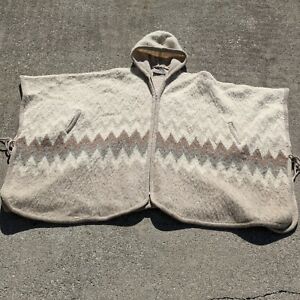 Vtg TUNDRA 100% Wool Women’s Parka Poncho Coat Sweater Ivory Chevron Hippie EUC