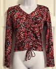 Women's Hot Kiss Top Medium Floral VNeck Long Sleeve Ruched Tie Front