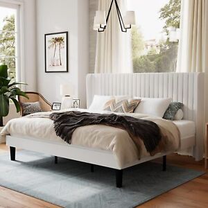 King Size Velvet Bed Frame with Vertical Channel Tufted Wingback Headboard