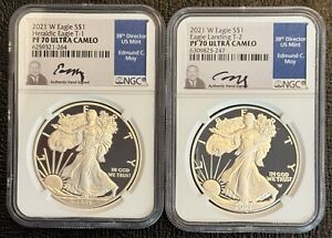 2021 W Proof American Silver Eagle T1 & T2 NGC PF70 Edmund C Moy 2 Coin Set