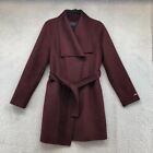 Tahari Wool Handmade Jacket Womens Medium Burgundy Red Open Belted Mid Length