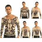 Mens Fake Tattoo Tribal Inspired Print Elastic Long Sleeve T-Shirt Tops Clubwear