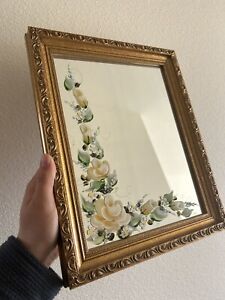 Vintage Rectangle Gold Mirror With Hand painted Floral Design