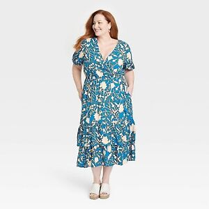 Women's Plus Size Short Sleeve Wrap Dress - Knox Rose Blue Floral 2X