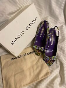 Manolo Blahnik Floral Cotton Slingback Sandals Size 37.5 With Storage Bag Shoes