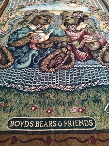 Vintage Tapestry Woven Throw Blanket Boyds Bears Tea Party Scene. Size 48