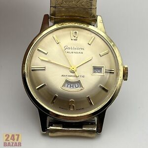 Vintage Garrison Calendar Gold Tone Manual Wind Men's Watch AS IS Runs & Stops